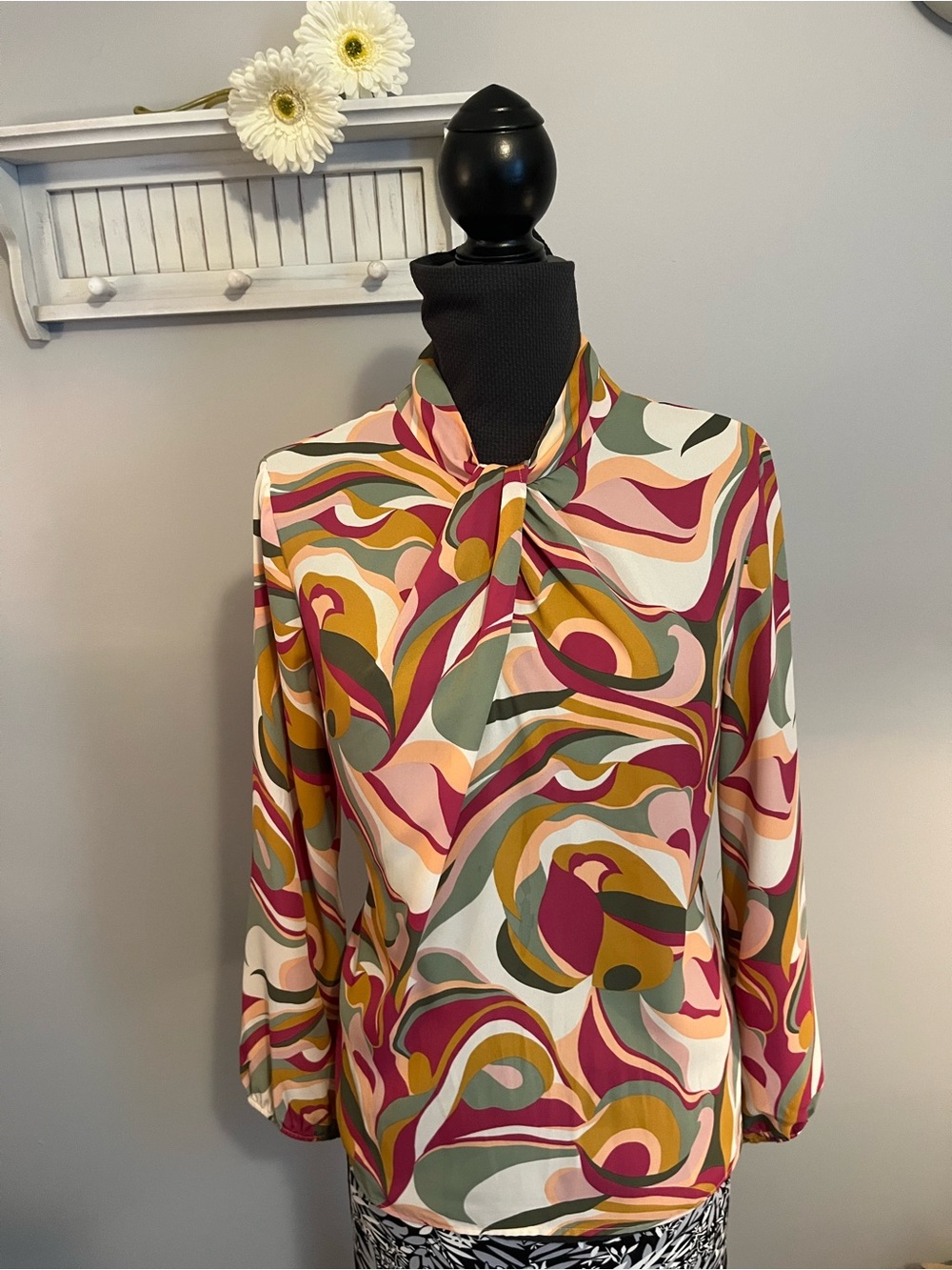 Pleione Multicolor Abstract Swirl Tie-Neck Blouse — Pink, Green, Mustard